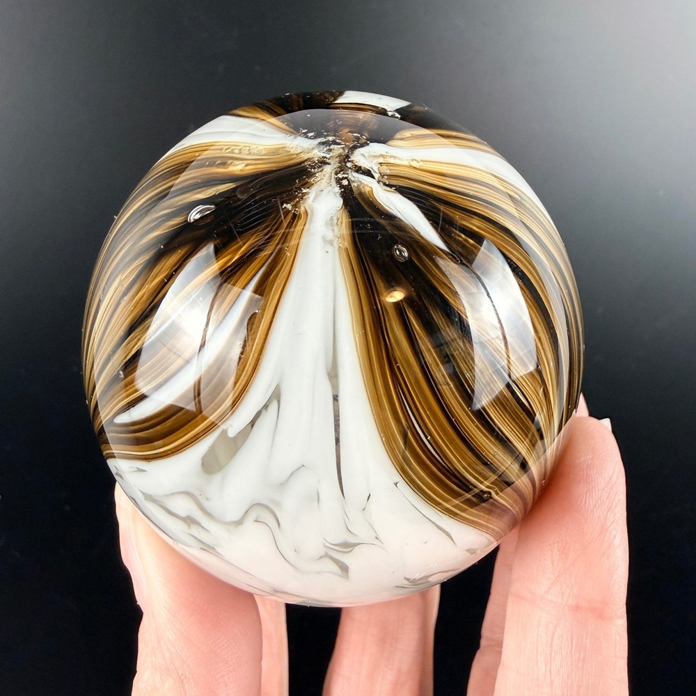 VTG Elwood Glass Co Paperweight Signed Peacock Brown‎ White Controlled Swirl
